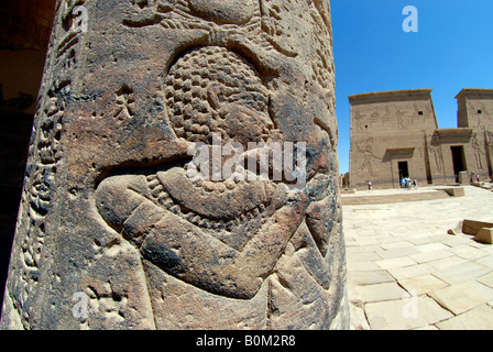 Pylônes antiques avec reliefs gravés au complexe Temple d'Isis sur l'île de Philae près d'Assouan Egypte Banque D'Images