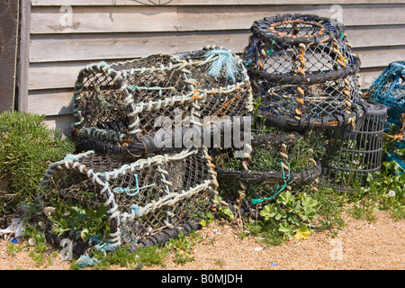 Homards en face du mur de la maison de bateaux sur la plage à la crique de Steephill, île de Wight, Angleterre, Royaume-Uni Banque D'Images