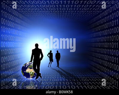 Perspective d'affaires futuriste globale conceptuelle avec les gens de la scène des silhouettes, planète Terre et tunnel de code binaire Banque D'Images