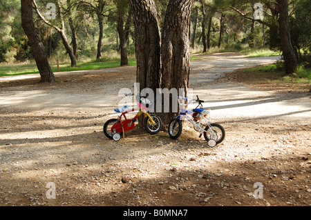 Deux petits enfants avec des roues stabilisatrices garé sous un arbre dans la forêt. Banque D'Images