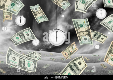 Shot conceptuel sur le temps et l'argent avec les billets de dollar tombant du ciel et des horloges accrochées au ciel noir et blanc Banque D'Images