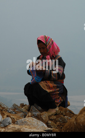 Femme Hmong fleurs, marché de Bac Ha, Ha Giang, Province du nord du Vietnam, Asie du sud-est Banque D'Images