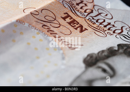 Close up of UK 10 pound note indiquant le montant et la tête de la Reine 2008 Banque D'Images