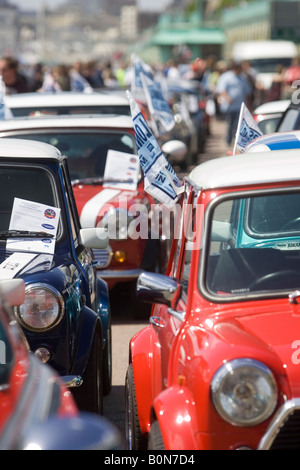 Minis alignés le long de la mer à Brighton après le 23e course Mini Londres à Brighton. 18 mai 2008. Banque D'Images