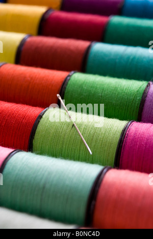Différentes couleurs de coton reelsin une rangée avec une aiguille Banque D'Images