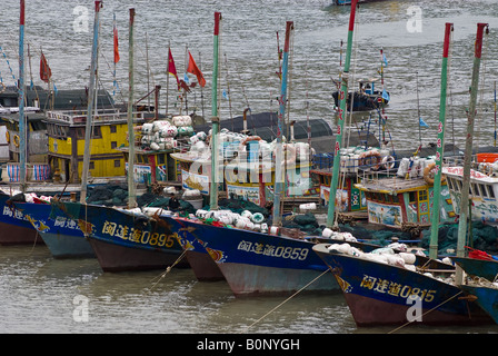 Les bateaux de pêche en bois, attendre la fin de tempête à port, Zhujijian, Village de l'archipel Zhoushan, dans la province du Zhejiang, Chine Banque D'Images