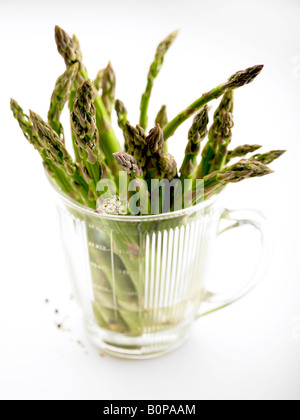 Les jeunes pousses tendres des asperges en carafe d'eau contre fond blanc Banque D'Images