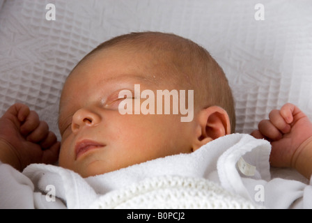 Sleeping Newborn Baby Boy Joshua Kailas âgés de 20 jours à l'Hudson couverture blanche Banque D'Images