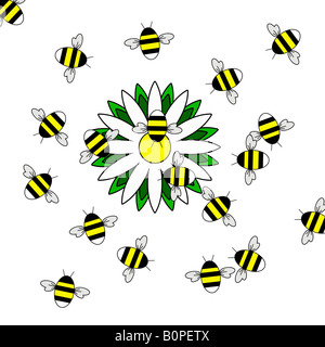 Les abeilles et l'illustration de fleurs sur fond blanc Banque D'Images