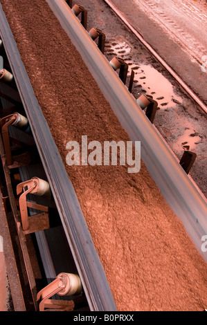 Les convoyeurs sont utilisés pour se déplacer sur le minerai de fer aux trains à Vale Carajas mine de minerai de fer dans l'état de Para Banque D'Images