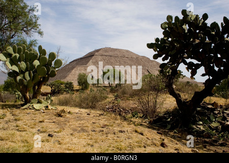 À Teotihuacan Archaeologica ruine Site au Mexique, les touristes grimper la pyramide du Soleil vue depuis l'Avenue des Morts. Banque D'Images