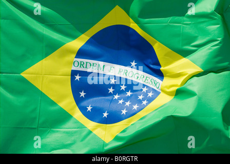 Brandissant le drapeau national du Brésil dans le vent Banque D'Images