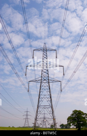 Pylônes électriques dans la campagne britannique de prendre le pouvoir à partir de la centrale électrique sizewell Banque D'Images