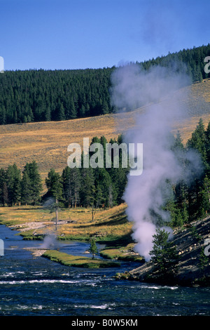 L'évacuation de la vapeur d'gesyer sur banque du Yellowstone River Région du volcan de boue le Parc National de Yellowstone au Wyoming Banque D'Images