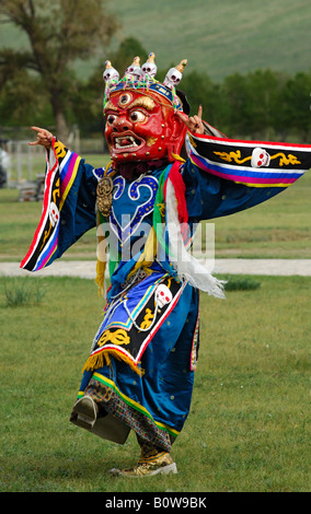 Dieu de la guerre, la danse traditionnelle du démon portant un masque de danse bouddhiste tibétain pour la Tsam danse rituelle, Oulan-Bator ou Oulan-bator, Banque D'Images