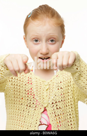 8-year-old girl pointing Banque D'Images