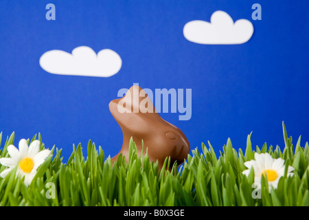 Un lapin de Pâques en chocolat dans l'herbe Banque D'Images