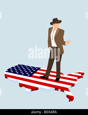 Le stéréotype American cowboy debout sur le drapeau américain dans la forme d'Amérique Banque D'Images