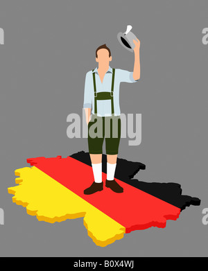 Allemand stéréotypée homme debout sur un drapeau allemand dans la forme de l'Allemagne Banque D'Images