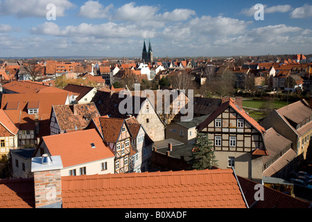 Vue du château sur la vieille ville, l'Allemagne, la Saxe-Anhalt, Harz, Quedlinburg Banque D'Images