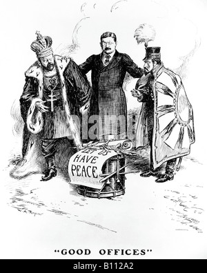 Caricature politique concernant la médiation de Theodore Roosevelt guerre japonais Russo. Banque D'Images