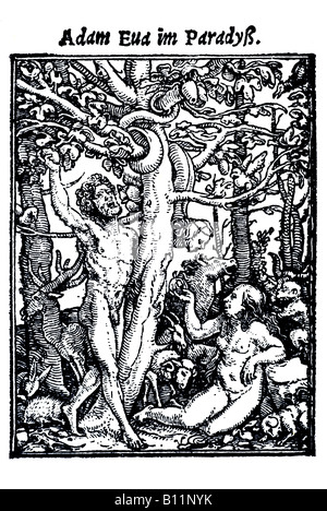 Adam et Eve au paradis, Hans Holbein le Jeune, Danse Macabre, 1538, Allemagne Banque D'Images