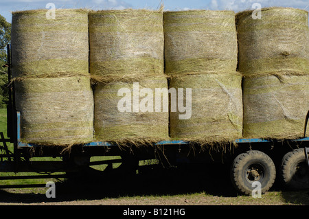 Bottes de foin sur véhicule agricole, England UK Banque D'Images