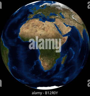Vraie couleur terra MODIS/image satellite de la terre rendue en projection orthographique, centré sur le continent africain. Banque D'Images
