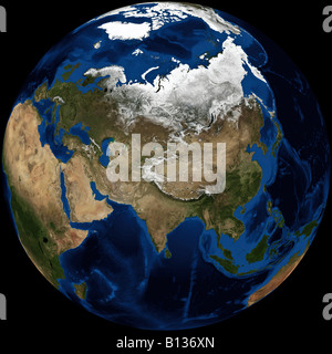 Vraie couleur terra MODIS/image satellite de la terre rendue en projection orthographique, centrée sur le continent asiatique. Banque D'Images