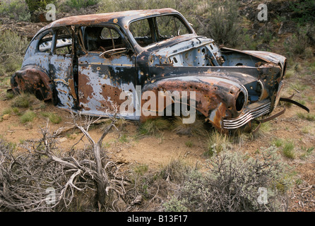 Carcasse de voiture criblés de balles près de l'autoroute 20 dans le sud-est de l'Oregon Banque D'Images