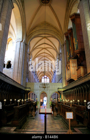 Vue le long des stalles du choeur de la cathédrale de Chichester Chichester City West Sussex England Angleterre UK Banque D'Images