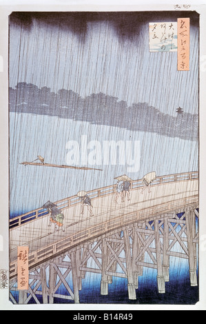 Beaux-arts, Hiroshige Utagawa, 1797, (1858), - graphiques, 'une douche soudaine sur le grand pont', vers 1857, gravure sur bois polychrome, l'artiste n'a pas d'auteur pour être effacé Banque D'Images