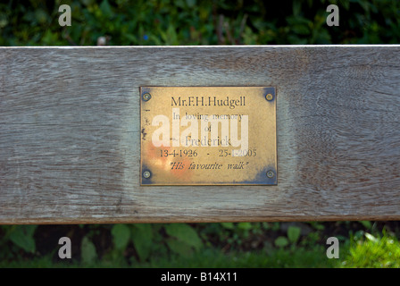 Inscription sur banc commémoratif face à la Tamise à Kingston upon Thames, Surrey, Angleterre Banque D'Images