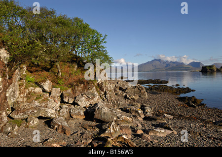 Une dent de premier plan et les collines lointaines Coulin vu tôt le matin sur le loch de Eishort Ord dans le sud de l'île de Skye Skye Banque D'Images