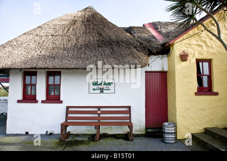 Extérieur d'une maison au toit de chaume et ancien bar signe, comté de Clare Irlande Banque D'Images