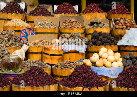 Différentes épices, herbes et plantes aromatiques à vendre à souk égyptien Banque D'Images