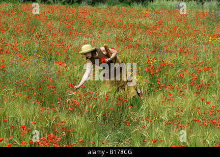 Dame marche à travers champ de fleurs sauvages portant une baguette Banque D'Images