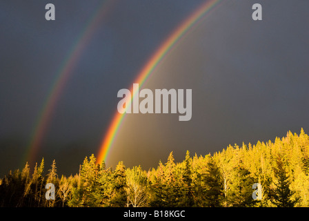 Un double arc-en-ciel au cours d'une tempête dans le parc national Banff en Alberta, Canada Parknear. Banque D'Images