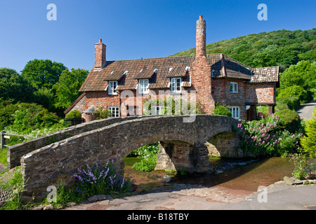 Pack Horse Bridge et cottage dans le village pittoresque de Allerford Angleterre Somerset Exmoor National Park Banque D'Images