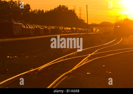 Un train dans le nord-ouest de l'Indiana au coucher du soleil. Banque D'Images