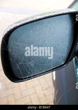 Le rétroviseur de voiture avec frozen spider web sur elle en hiver Banque D'Images