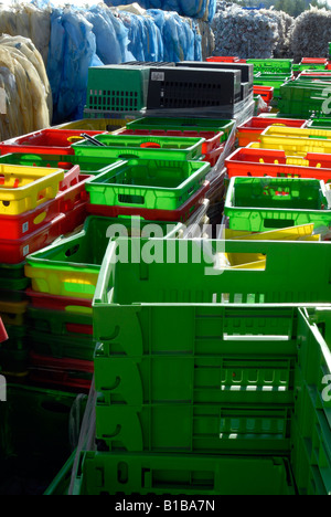 Des piles de plateaux en plastique de supermarché en attente de recyclage Banque D'Images