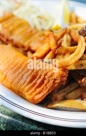 Poisson-frites sur une assiette avec la salade de chou Banque D'Images