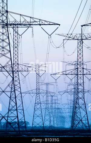 Les tours de transmission électrique hum sur les champs de l'Illinois stérile. Banque D'Images