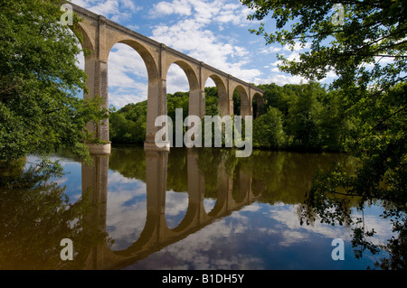 Ancien viaduc ferroviaire reflète dans la rivière creuse, Le Blanc, Indre, France. Banque D'Images