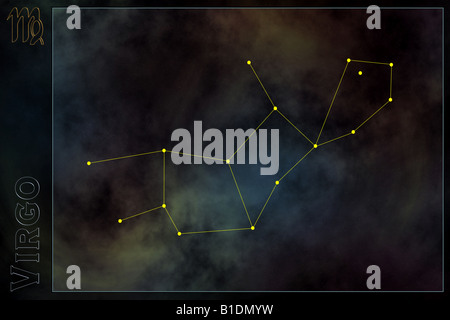 Zodiac - Vierge constellation, avec nom et signe zodiacal. L'espace contre l'arrière-plan galaxy Banque D'Images