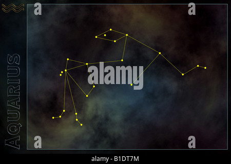 Zodiaque - Verseau constellation, avec signature et nom du zodiaque. L'espace contre l'arrière-plan galaxy Banque D'Images