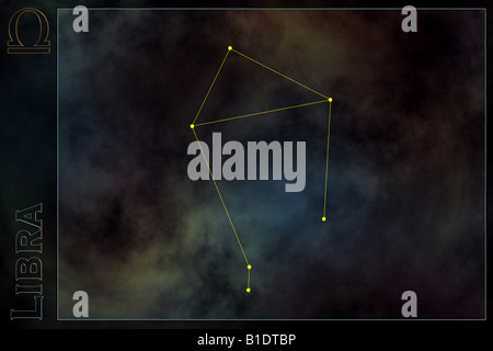 Zodiaque - Balance constellation, avec nom et signe zodiacal. L'espace contre l'arrière-plan galaxy Banque D'Images