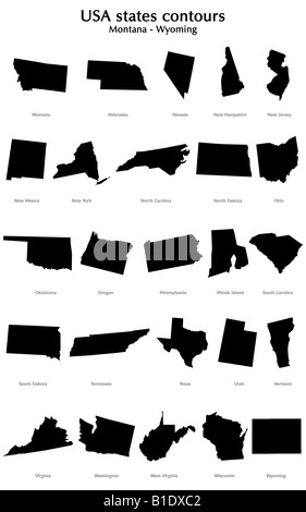 Contours, Etats Unis en noir sur fond blanc. Depuis le Montana dans le Wyoming par ordre alphabétique Banque D'Images