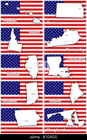 Les Etats-Unis états des contours avec capitale contre floues drapeau américain, d'Hawaii à Maryland par ordre alphabétique Banque D'Images